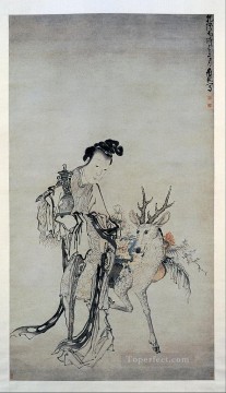 中国 Painting - 鹿の入った花瓶を持つ馬姑 1766 年 黄神 繁体字中国語